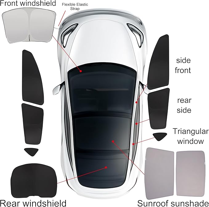 10PCS Sunshade Roof & Full Windshield Side Window for 2024-2025 Tesla Model 3, Heat Insulation Foldable Sun Shade Cover Camping Privacy Accessories with Storage Bag