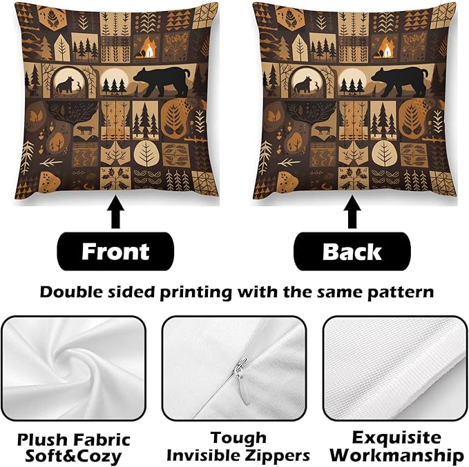 ITFRO Set of 2 Birthday Gift Wildlife Bear Deer Forest Bonfire Pine Tree Short Plush Both Sides Square Retro Checkered Throw Pillow Cover Cushion Case Farmhouse Sofa Decor 18x18 Inches (Dark Brown)