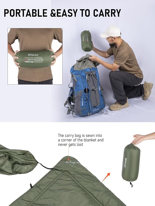 WildCall Hooded Camping Blanket with 3M Thinsulate Insulation Wearable Poncho Blanket Ultralight Foldable Quilt Sleeping Bag for Outdoor, Hiking, Stadium