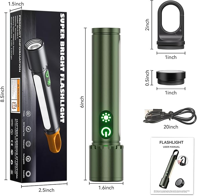 High Lumens Flashlight Rechargeable-Magnetic,Hanging,Zoom Beam,Side Light Multi-Function LED Flashlights Super Bright Powerful Waterproof Flash light for Camping,Emergency,Hiking,Dog Walking,Home