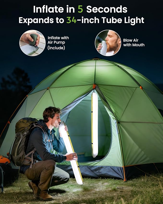 34" Inflatable Solar Camping Lantern & 4000mAh Power Bank, 339LM Ultra Bright LED Light Tube, USB-C Rechargeable & IP66 Waterproof Portable Tent Lamp for Hurricane, Power Outage, Backpacking, Survival