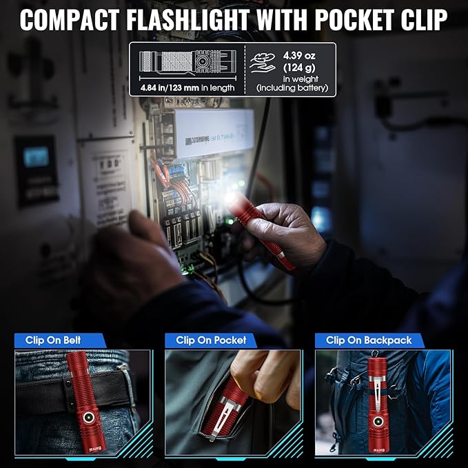 Banral Rechargeable Tactical Flashlights, High Lumens Small Mini USB-C LED Flashlight, Compact EDC Flash Light, 4 Modes&Memory Function, Waterproof Pocket Lights for Home,Camping,Emergency (2, Red)