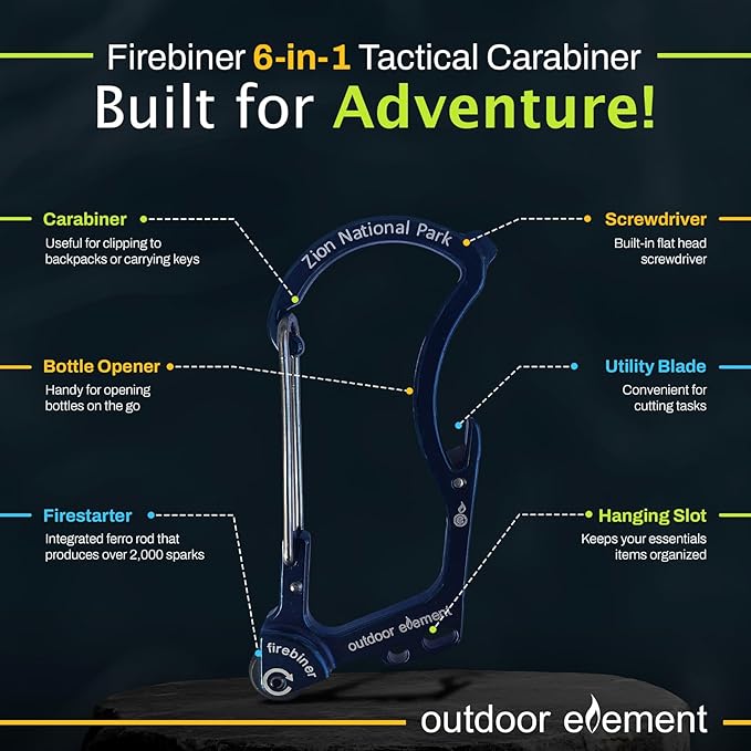 OUTDOOR ELEMENT Firebiner Custom Engraved 6-in-1 Fire Starter Carabiner Multitool – Survival Gear EDC Keychain with Utility Blade, Bottle Opener, Screwdriver, Emergency Tool