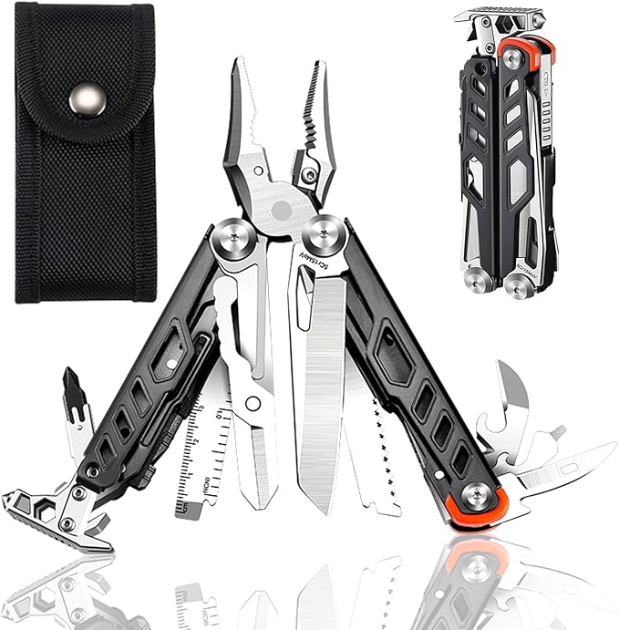 23-in-1 Multitool Pliers with Scissors,Wire Cutters,Window Breaker,Flint,Saw Screwdrivers,Bottle Opener,Carrying Pouch,High-carbon Steel Multi Tool for Camping Survival and Gift (Black And Silver)