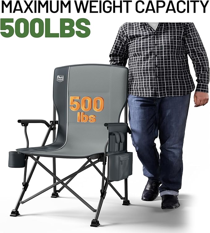 TIMBER RIDGE Oversized Folding Camping Chair High Back Heavy Duty for Adults Support up to 500lbs with Cup Holder, Side Pocket Cooler Bag