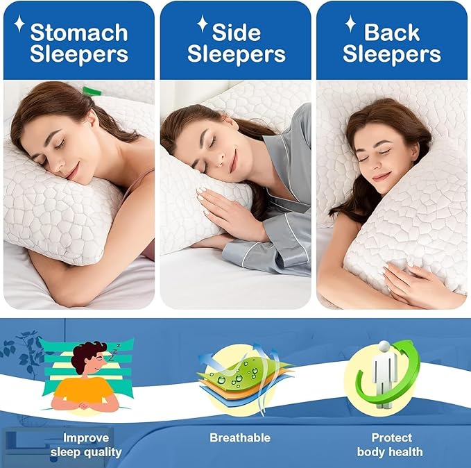 Cooling Pillow Queen Size Set of 2, Adjustable Shredded Memory Foam Pillows, Luxury Bed Pillows for Sleeping 2 Pack,Soft Yet Supportive Firm Pillow for Side,Back,Stomach Sleepers,Gifts for Hot Sleeper