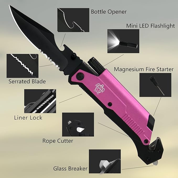 8.5" Military Outdoor EDC Camping Pocket Knife, 7 in 1 Multi-Function Folding Knives with Fire Starter LED Light Seatbelt Cutter Glass Breaker Bottle Opener Tactical Blade (Pink)