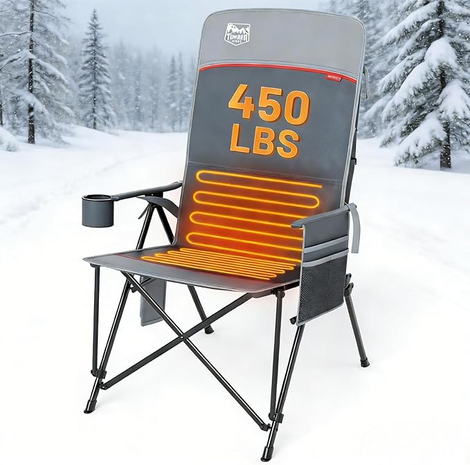 TIMBER RIDGE Oversized Heated Camping Chair with Lumbar Support, Portable Folding Chair Heavy Duty for Adults Supports 450 LBS for Outdoor Camping, Lawn, with High Back (Power Bank not Included)