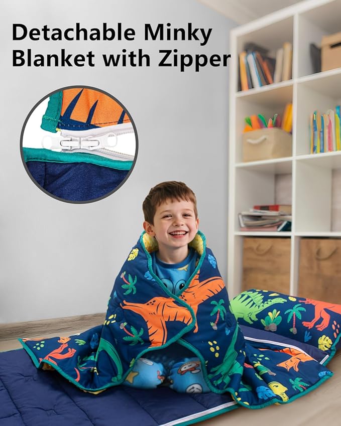 Primlect Toddler Nap Mat with Detachable Blanket and Removable Pillow, Kids Sleeping Bag 55''x35'' for Daycare Preschool Kindergarten, Toddler Sleeping Mat for Boys and Girls