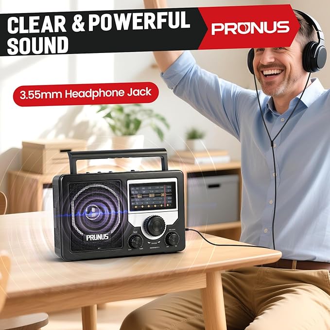 PRUNUS J-81 AM FM Radio Portable Bluetooth, Solar/D Battery Operated/USB-C Rechargeable for Emergency, Transistor Radios with Headphone Jack,Support TF Card/USB Playing, Large Knob Easy to Use