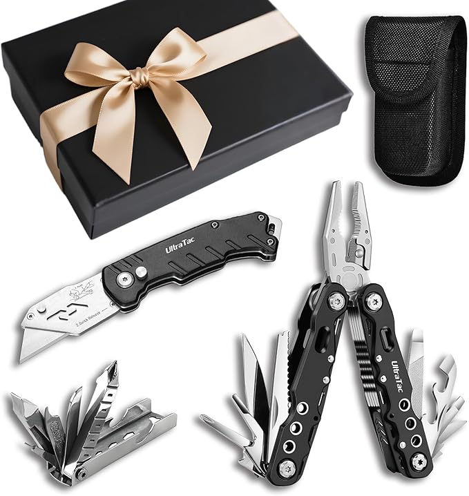 UltraTac Military Grade Multitool Gift Set for Men, Compact Survival Kit for Car Emergency, Birthday or Holiday Gift for Man, Pocket EDC Tools for Camping, Hiking & Quick Fixes - Stainless Steel