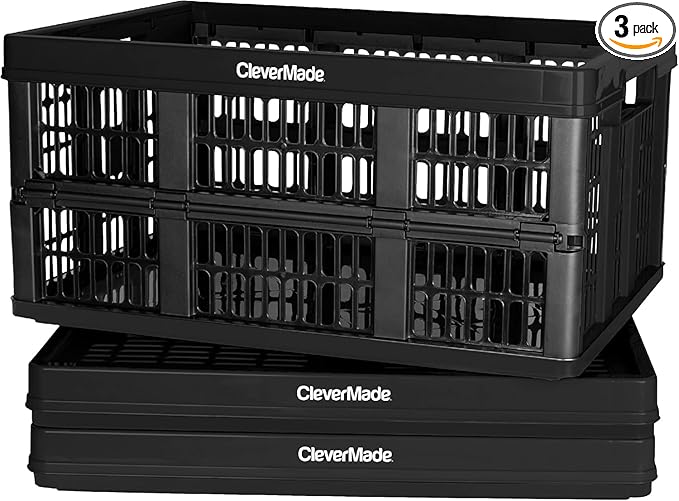 CleverMade Collapsible Utility Crates, Obsidian, 3 Pack, 45L/11 Gal, 66 lbs Capacity, Stackable Containers, Heavy Duty, Space-Saving Baskets,Polypropylene (PP)