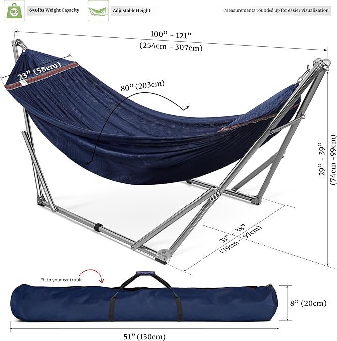 Tranquillo Adjustable Hammock Stand, Collapsible Camping Hammock, 650 lbs Capacity Deluxe Double Hammock Stand for 2 Persons, Portable Everywhere Easy Assembly Non-Slip and Noise-Free, Aegean