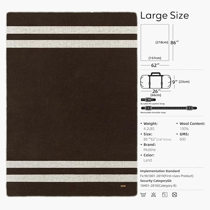 Molithe 100% Wool Blanket, 62" x 86", Warm, Thick, Washable, Military Wool Blanket, Great for Camping, Outdoors, Sporting Events, Survival Kits