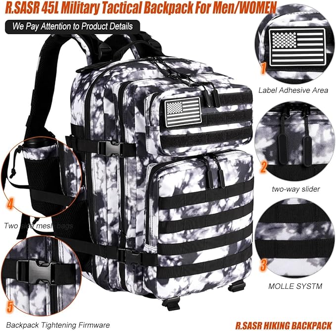 45L Tactical Backpack for Men Women, Military Assault Pack with MOLLE, Large 3 Day Bug Out Bag for Hiking Camping