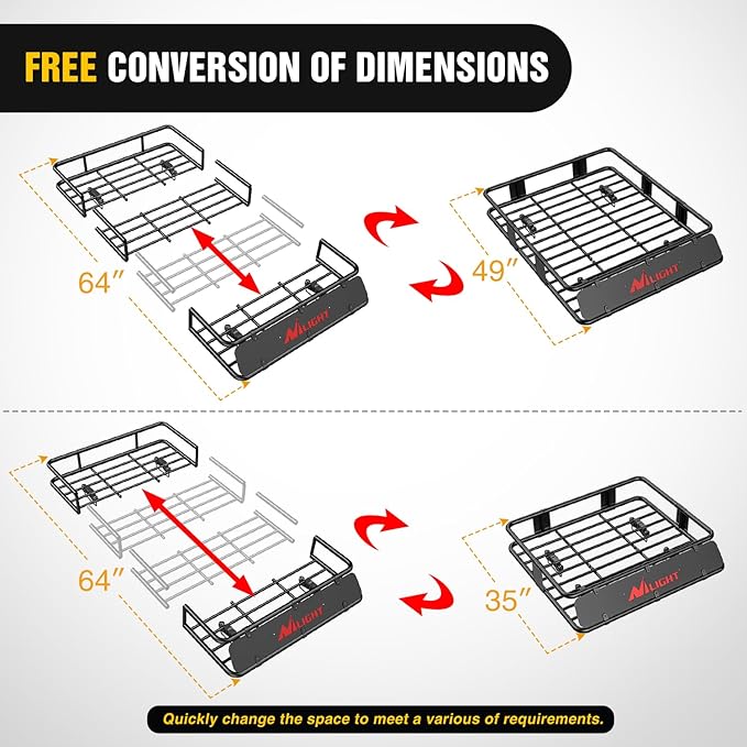 Nilight 64" x 39" x 6" Universal Roof Rack Cargo Basket Heavy-Duty 250LBS Capacity Rooftop Carrier Luggage Holder & Soft Waterproof|Cargo Bag|Net|Ratchet Straps for SUV Truck Vehicle