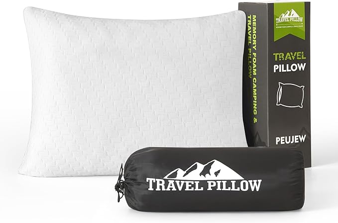 Small Shredded Memory Foam Pillow, Camping Pillow Travel Pillow - Compressible Medium Firm, Breathable Cover, Ideal Backpacking Hiking, Airplane and Car (Off-White, L)