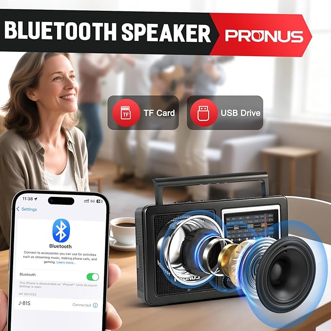 PRUNUS J-81 AM FM Radio Portable Bluetooth, Solar/D Battery Operated/USB-C Rechargeable for Emergency, Transistor Radios with Headphone Jack,Support TF Card/USB Playing, Large Knob Easy to Use