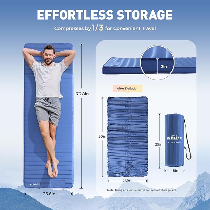 Elegear CumbreX™ Air & Foam Camping Sleeping Pad, HexaFoam Camping Mattress Pad with Built-in Foot Pump Memory Foam Camp Pad 4-Season R-Value 9.5 Camp Sleeping Mat for Travel/Car/Tent, Blue