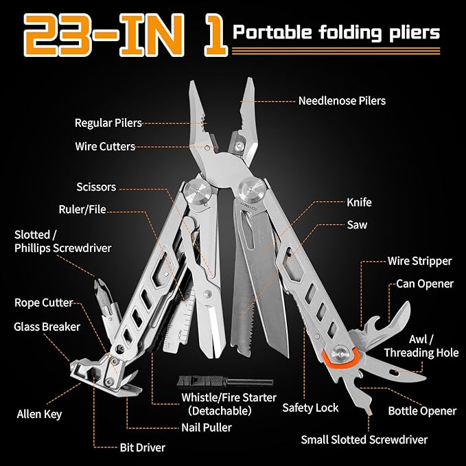 23-in-1 Multitool Pliers with Scissors,Window Breaker, Saw, Screwdrivers,Rope Cutters,Flint, High-carbon Steel Multi Tool with Carrying Pouch Ideal for Camping Survival and Gift for Him Dad Men