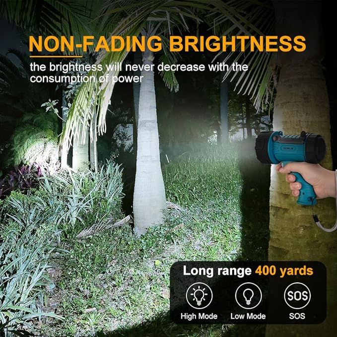 YIERBLUE Rechargeable Spotlight, Super Bright 1000,000 High Lumen LED IP67 Waterproof Handheld Spotlight Long Lasting Large Flashlight Searchlight with Detachable Red Light Filter