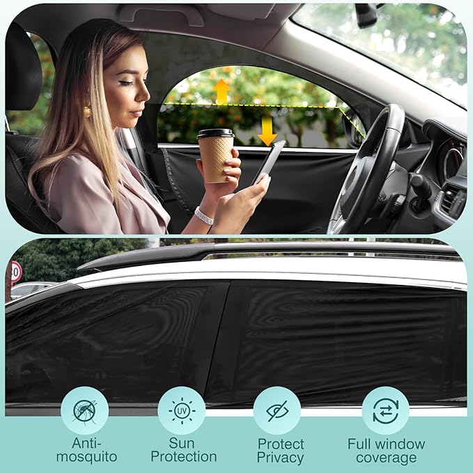 Ovege Window Shades for Back Seat - Side Window Sun Shade Breathable Mesh-Zipper Car Window Cover Screen-Camping Privacy Universal Fits Most Small and Medium Cars 2pcs (Rear Side Medium)