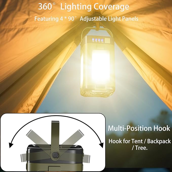 Solar LED Camping Lantern Portable IPX4 Waterproof Camping Lamp Rechargeable with 2000mAh Solar Charging & LED Power Indicator Lantern with 6 Modes Portable Flashlight Tent Lights for Camping Hiking