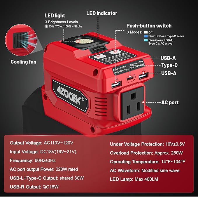 220W Azocek Power Inverter Compatible with Milwau-kee 18V Battery, DC 18V to AC 110V Portable Power Station with 1 AC Outlet, 2 USB Ports & 1 Type-C Fast Charging, 400LM LED Work Light (2-Pack)