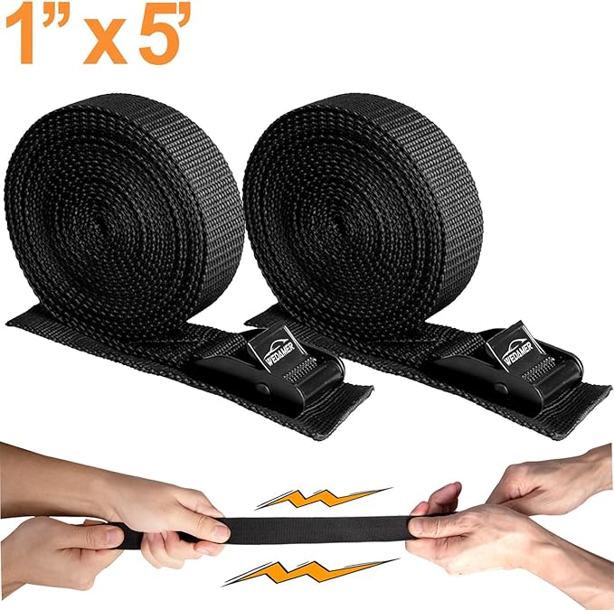 WEDAMER 2 Pack Kayak Tie Down Straps 5ft Cam Buckle Tie Downs Adjustable Kayak Strap for Trucks Motorcycles Boat RV - Ratchet Lashing Straps for Roof Rack Trailer Cargo Packing Securement (1" x 5ft)