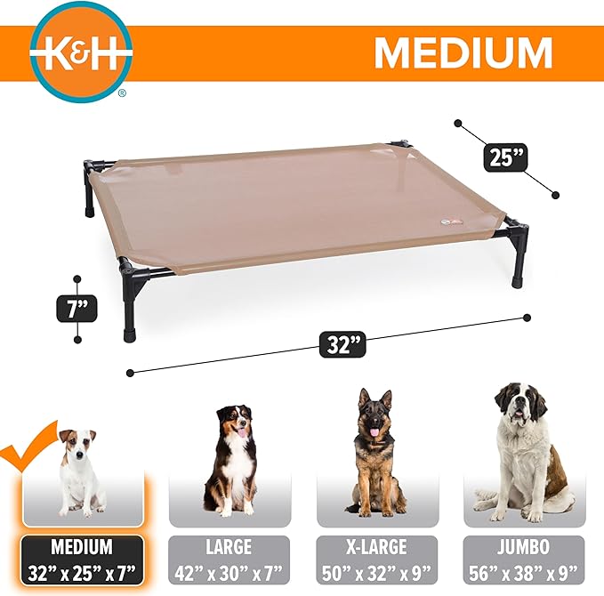 K&H Outdoor Elevated Dog Bed - Cooling Raised Dog Bed for Small & Medium Pets, Breathable Mesh Hammock Design, Indoor/Outdoor Washable Cover, Portable Metal Frame, Tan, Medium 32x25in