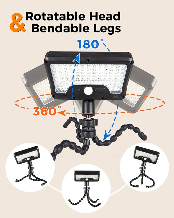 Motion Sensor Outdoor Lights with Flexible Octopus Tripod - 600LM Solar Sercurity Lights Waterproof, Dual Charging Solar Ourdoor Light for Camping,Fence, Patio (1, Black(6000K)