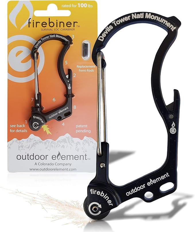 OUTDOOR ELEMENT Firebiner Custom Engraved 6-in-1 Fire Starter Carabiner Multitool – Survival Gear EDC Keychain with Utility Blade, Bottle Opener, Screwdriver, Emergency Tool
