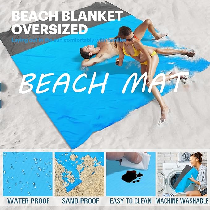 Beach Blanket Sandproof Waterproof, Beach Essentials Extra Large Beach Mat, 79" x 55" Oversized Durable Outdoor Picnic Mat Storage Bag for 1-4 Adults, Beach Accessories for Travel, Camping, Hiking
