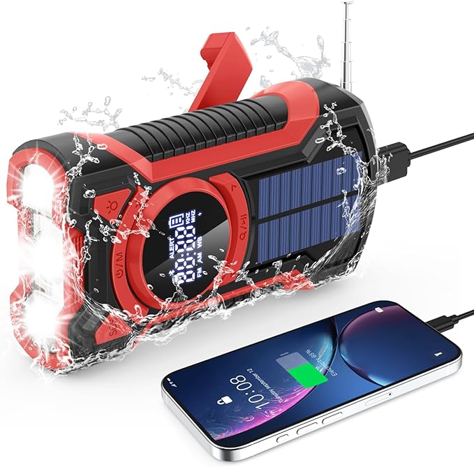 Emergency Radio Hand Crank Solar 5000mAh, IP65 Waterproof Dustproof Bluetooth 5.3 Portable AM/FM/NOAA Weather Alert Radio with Flashlight, Phone Charger, SOS, Headphone Jack- (Red)