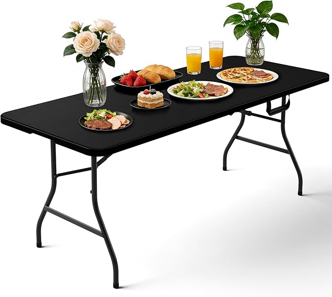 Folding Table 72" x 30" - Heavy Duty Plastic Table with Handle, Foldable&Portable, Fold-in-Half Utility Tables for Outdoor, Dining, Wedding, Events, Indoor, Picnic, Camping, Party, Black