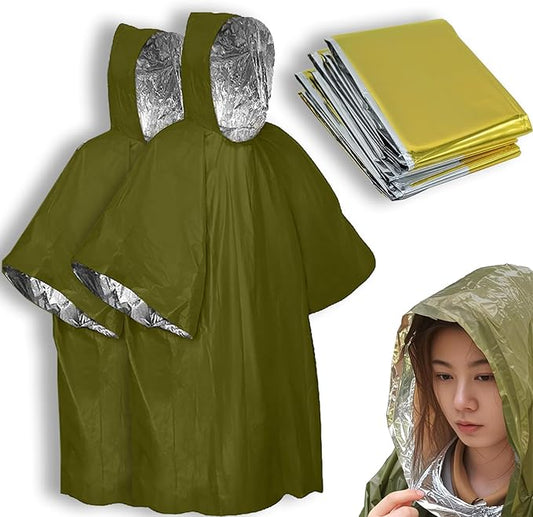 4X Survival Gear kit, Emergency Poncho (2pc), Emergency Space Blanket (2pc), Mylar Liner - Retains 92% Body Heat, for Outdoors, Hiking, Camping, Bug Out Bag, Marathons or First Aid, Car (Green)