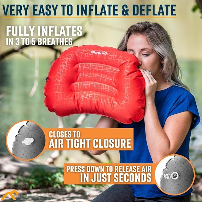 Alpcour Camping Pillow – Large, Inflatable, Ultralight Sleeping Pillow with Easy Blow Up Design, Soft Waterproof Exterior Cover and Compact Carry Case for Hiking, Backpacking, Airplane Travel & More