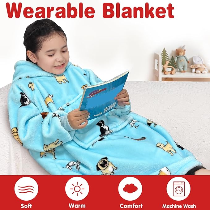 Waitu Wearable Blanket for Kids, Wearable Blanket Hoodie Gifts for Teens Girls and Boys, Warm Blanket Sweatshirt for Teenage, Hoodie Blanket with Sleeves - Light Blue