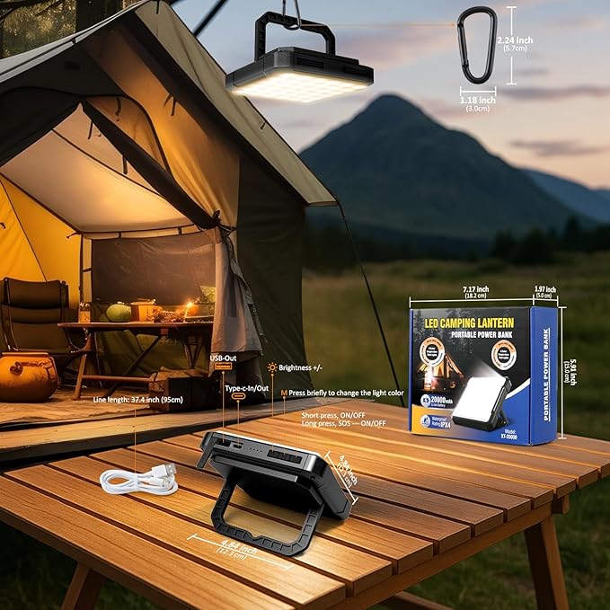20000mAh Rechargeable Camping Lantern, Portable LED Camping Lights 1300LM Ultra Bright, 36H+ Runtime, 4 Modes, IPX4 Waterproof, Tent Light for Outdoor, Emergency, Blackout, Survival Gear