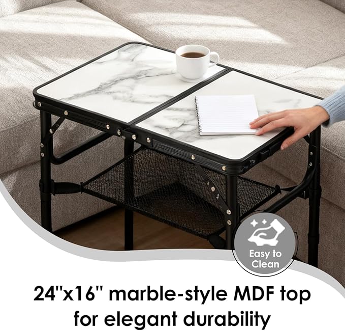 Folding TV Trays Foldable Dinner Tray Table Adjustable Height Food Snack Eating Couch Side Table Study Aluminum Portable Sofa Tray End Table for Outdoor Indoor Camp Pinic Bed Couch Living Room(Marble)