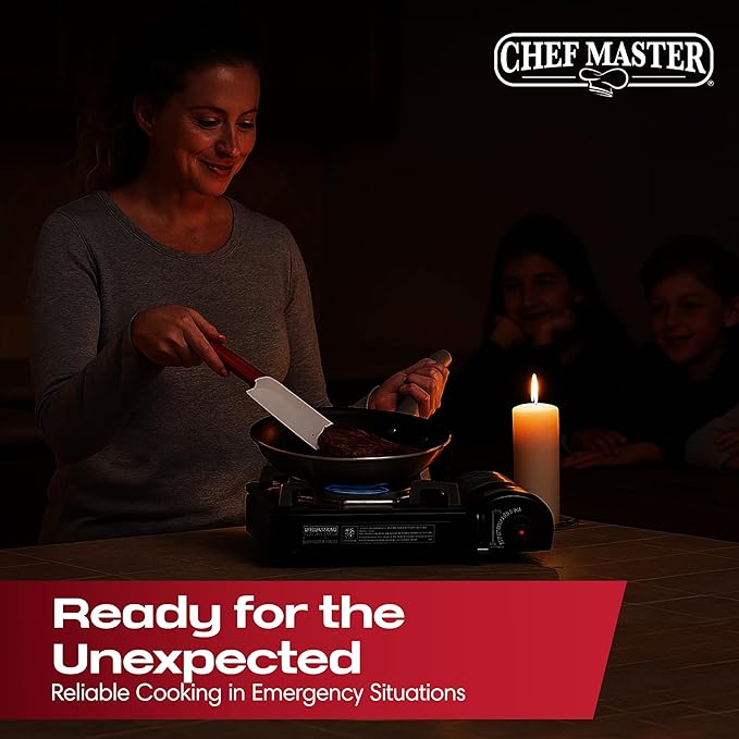 Chef-Master 90011 Butane Countertop Stove, 10 000 BTU Portable with Carry Case, High Performance, Piezo Ignition, Brass Burner, Safety Stop