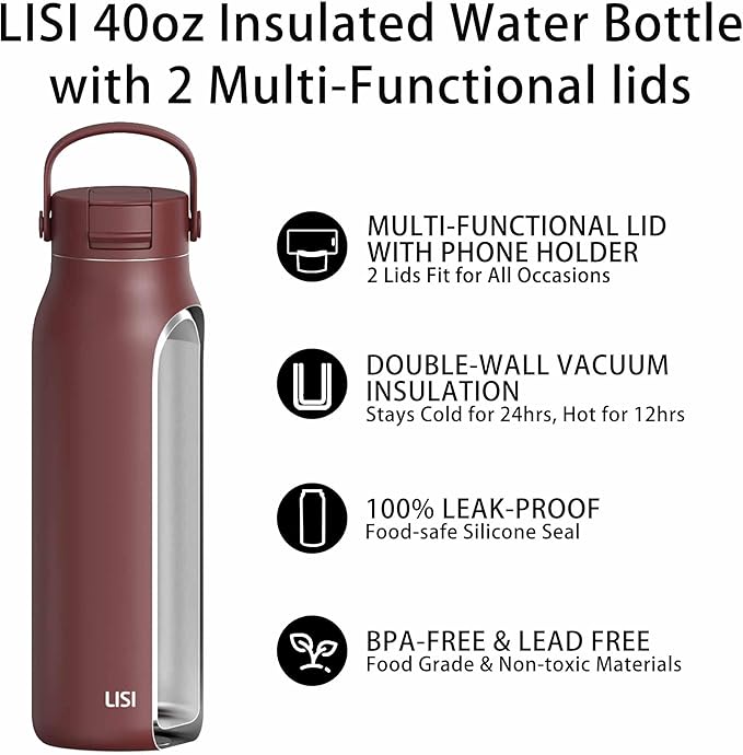 LISI 40oz Insulated Water Bottle, Double Wall Stainless Steel Water Bottles with Straw, 100% Leak-Proof Travel Thermal Canteen Mug with 2 Lids (Straw, Phone Holder Lid)