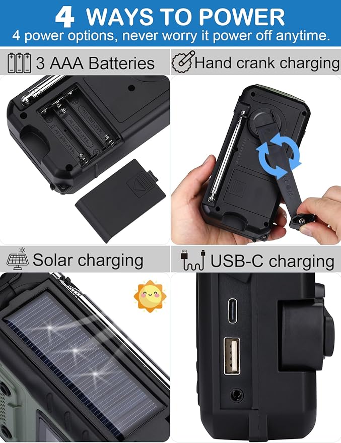 ZHIWHIS Emergency Radio, NOAA Weather/AM/FM Portable Hand Crank Solar Radios with SOS Alarm, Battery Powered and Built-in 5000mAh Li-Battery, Flashlight/Reading Lamp/Alerts for Emergencies ZWS-376