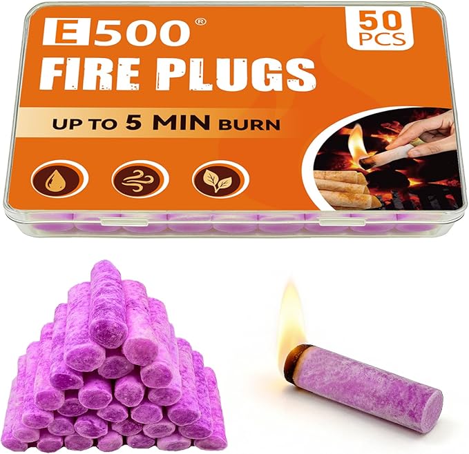 E500 Fire Plugs Emergency Fire Starters, 50 Count Waterproof Fire Plugs for Survival Kits, Power Outages, Camping & Outdoor Use