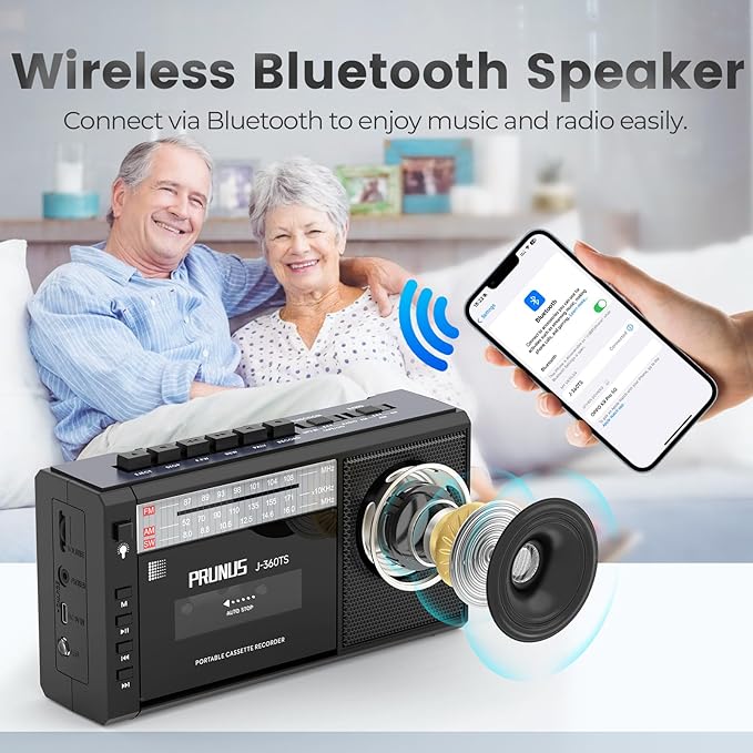 PRUNUS J-360 Cassette Tape Player Boombox with Solar/Rechargeable Battery Operated,AM FM Portable Radio,Bluetooth Tape Player Recorder,AUX/TF/USB Drive, Headphone Jack,Tape Recorder Cassette Player