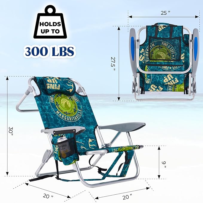 Portable Beach Chair for Adults, Outdoor Camping Chair Lay Flat Folding Backpack Beach Reclining Chair with 5 Positions, Headrest, Zipper Pouch, Cup Holder, Water Ripple