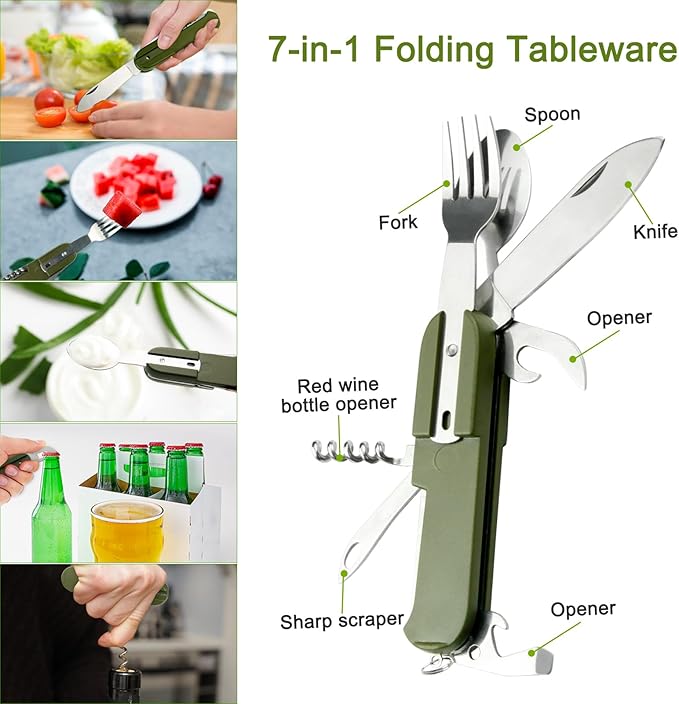 EZYoutdoor 7-in-1 Camping Utensils - Portable Stainless Steel Camping Fork Spoon Knife Set for Hiking, Picnics Outdoor Enthusiasts, and Travel - Essential Survival Utensil Tool Kit