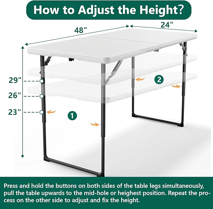 Folding Table 48" x 24" - Heavy Duty Fold-in-Half Plastic Table with Adjustable Height, Portable Utility Tables with Steel Legs for Indoor, Outdoor, Picnic, Camping, Dining, Party (White)