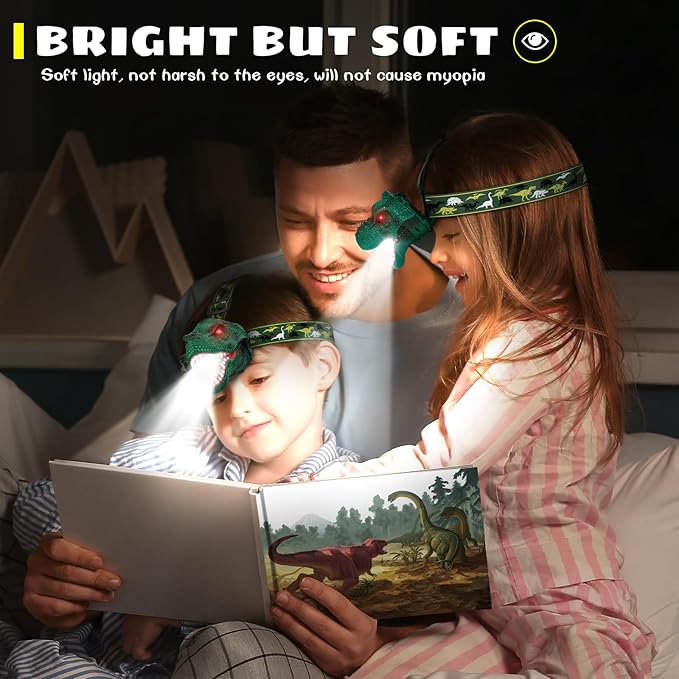 Dysaim Kids Headlamp,Rechargeable T-Rex Dinosaur Headlamp for Kid and LED Head Lamp Camping Gear Flashlight,Hiking Accessories Headlight Toys,Four Light Modes Suitable for Reading/Party Gift(2 Pack)