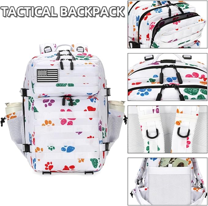 Lovelinks21 45L Tactical Assault Backpack 3 day assault pack with Molle Waterproof backpack Rucksack for Tactical Backpacks (Colorful paw prints)